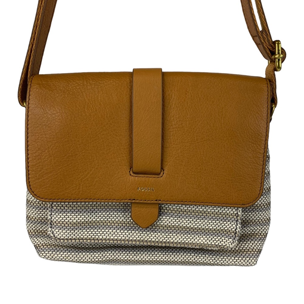 Fossil Tan Leather & Beige Woven Crossbody Bag